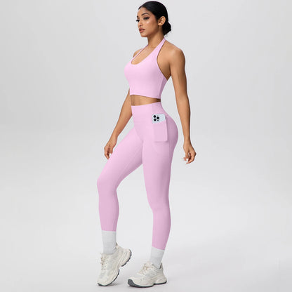 Athletisches Yogaset in Flieder: Sport-BH und Leggings mit Tasche am Oberschenkel