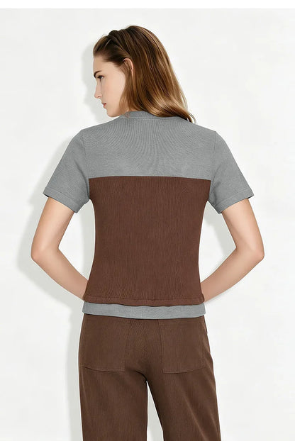 Damen-Rundhalspullover Farbblock Slim Kurzarm Viskose Büro Sommer