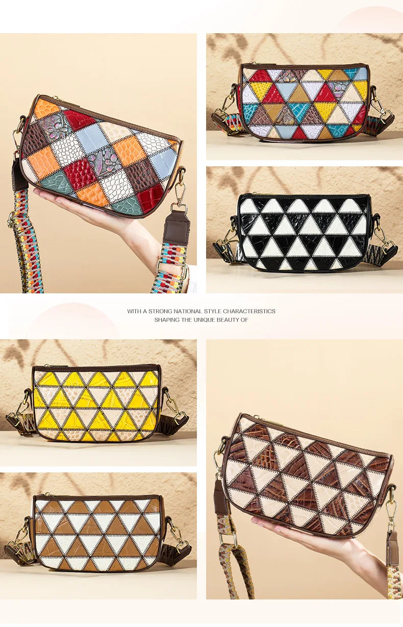 Damen-Schultertasche Patchwork-Leder Boho-Stil