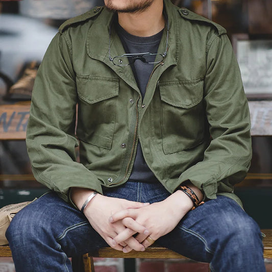Herren Feldjacke Grüne Vintage-Armeejacke Lässige Windjacke Reverskragen Taschen Mantel