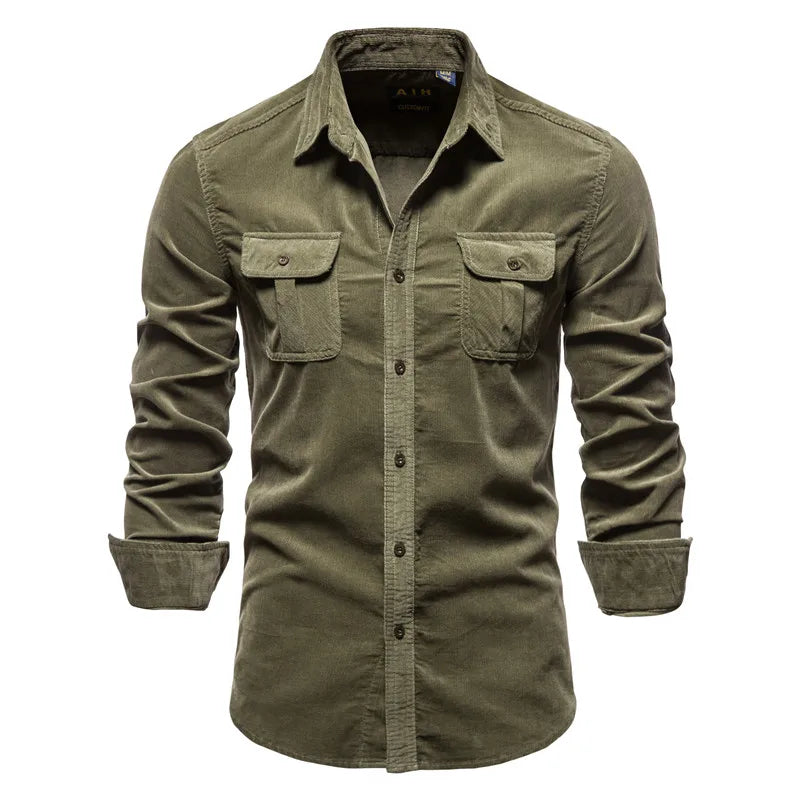Herrenhemd Slim Fit, einfarbig Olivgrün, Knopfleiste, zwei Brusttaschen, lange Ärmel