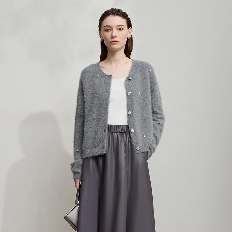 Damen-Rundhalspullover Strickjacke kurz elegant Herbst-Winter