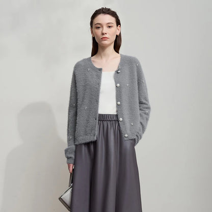 Damen-Rundhalspullover Strickjacke kurz elegant Herbst-Winter
