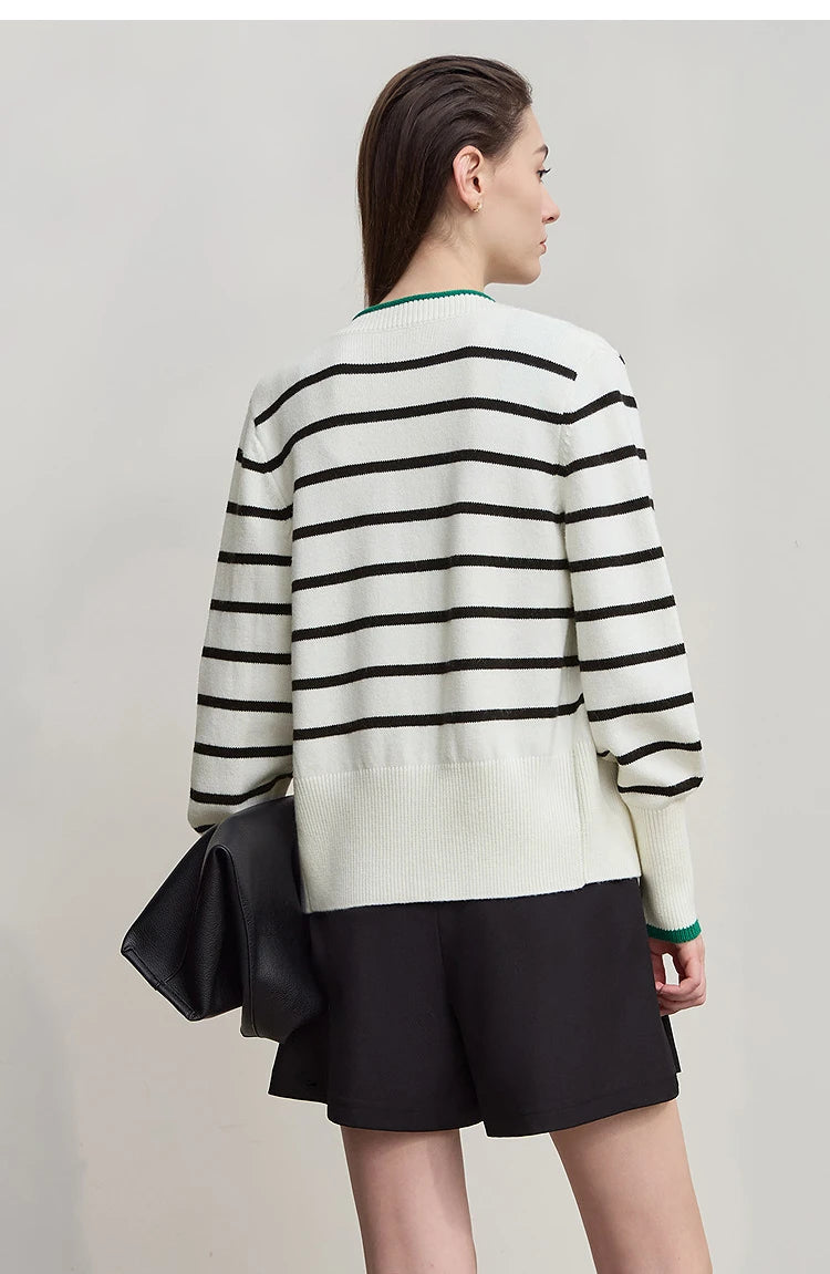 Damen-Strickjacke Streifen V-Ausschnitt locker Wolle Herbst-Winter