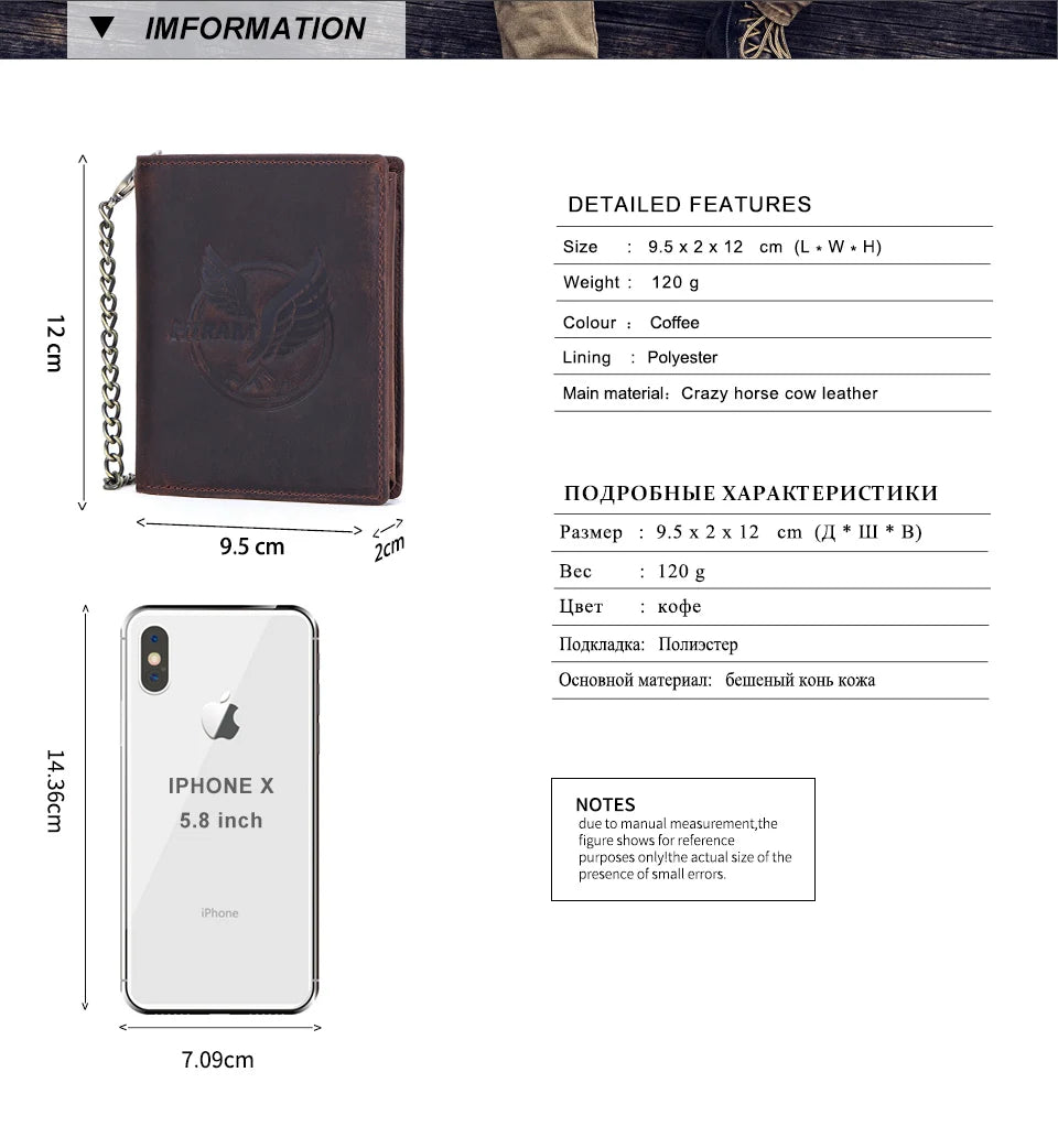 Herren Echtleder Geldbörse Trifold Metallkette RFID Kartenhalter Geldclip