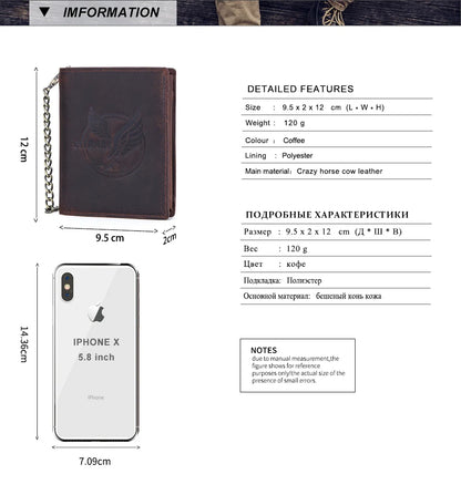Herren Echtleder Geldbörse Trifold Metallkette RFID Kartenhalter Geldclip
