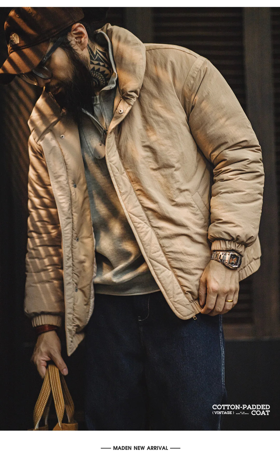 Herren Mantel Retro Khaki Stehkragen gefütterte Puffjacke mit Reißverschluss