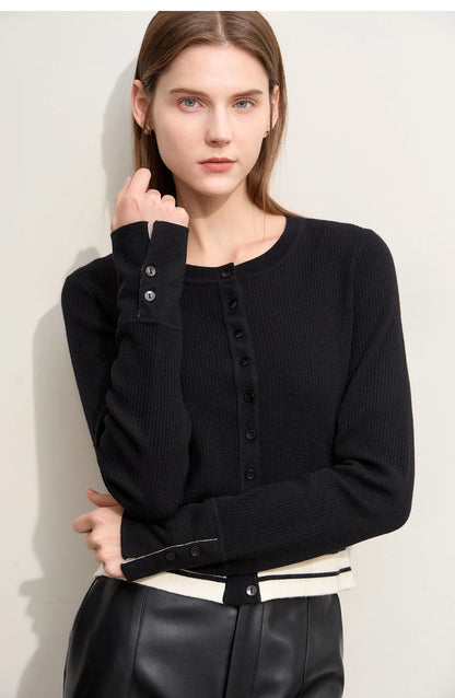 Damen-Strickjacke Rundhals Wolle Streifen kurz Pendler Slim Herbst