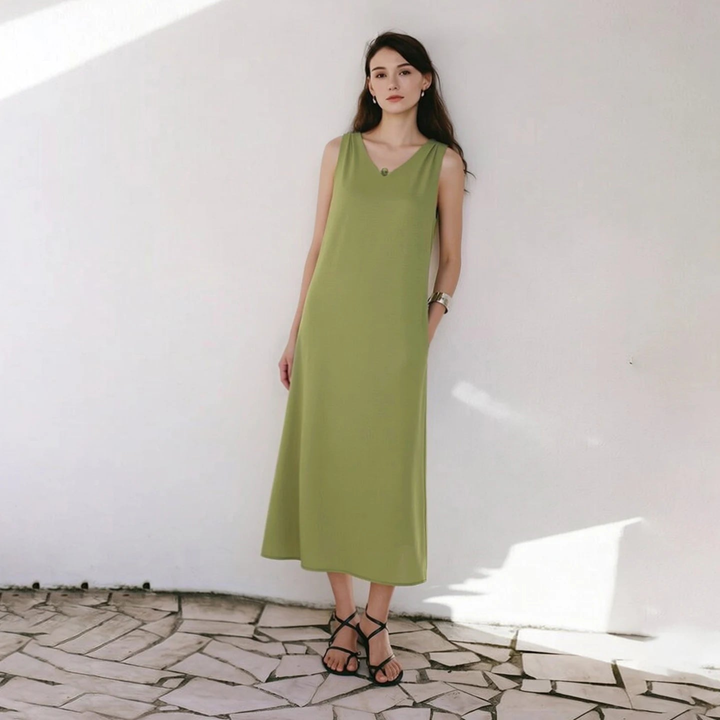Elegantes Damenkleid Mit Perlendetails Und V-Ausschnitt