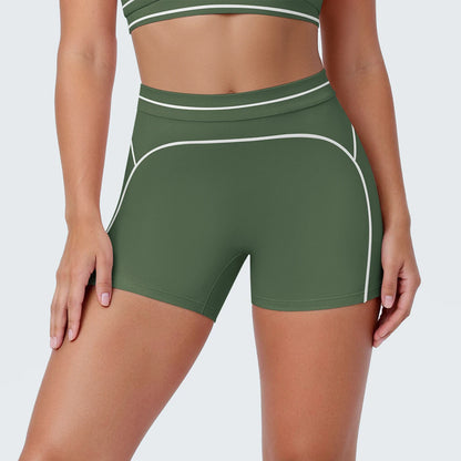 Damen Yoga-Shorts in Moosgrün mit weißen Kontraststreifen, Vorderansicht
