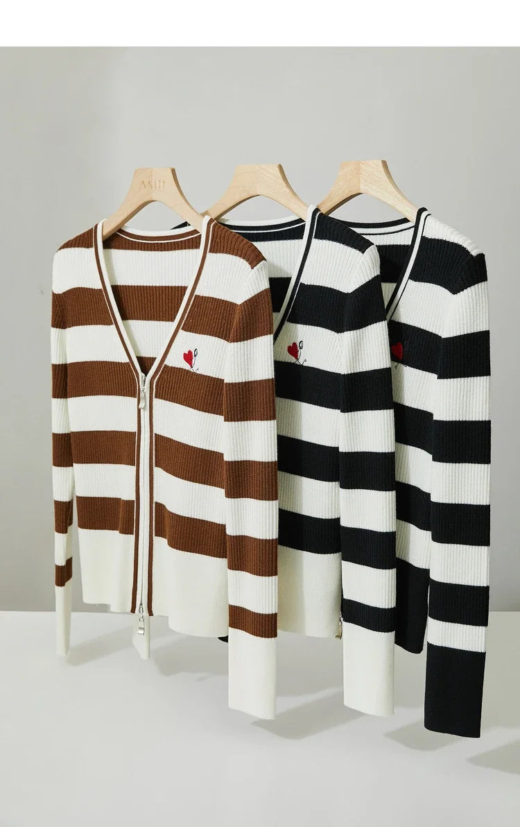 Damen-Strickjacke Kaschmir-Wolle Slim Streifen Reißverschluss Herbst