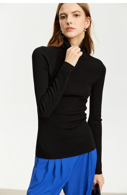 Damen-Rollkragenpullover 100 % Wolle Slim Fit elastisch Winter