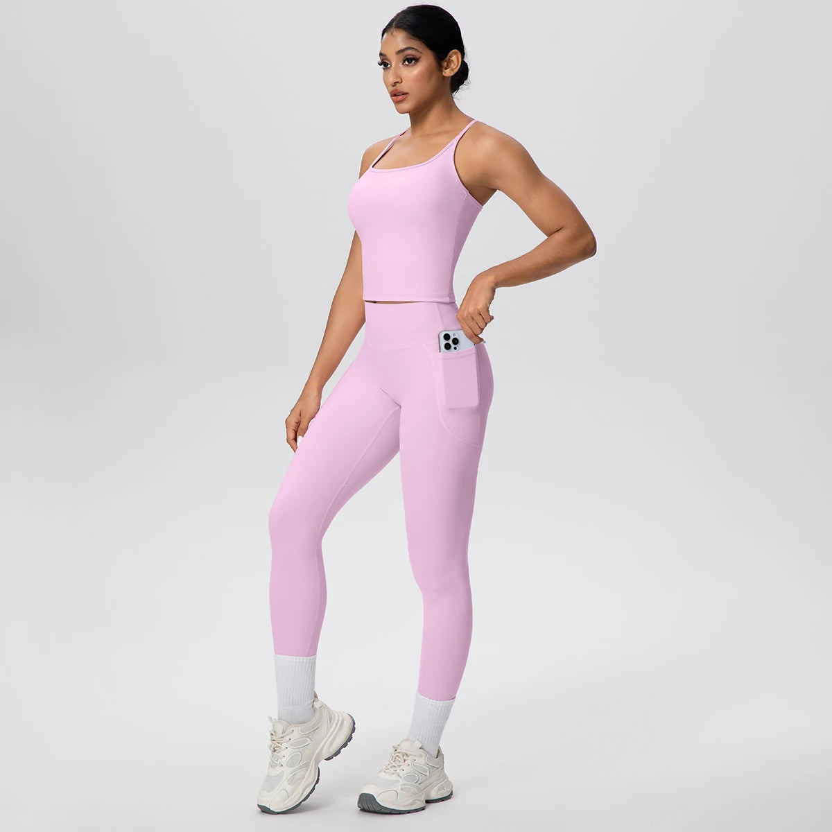Damen Yoga-Set aus ärmellosem Top und Leggings, hellrosa, mit hellen Knieländern