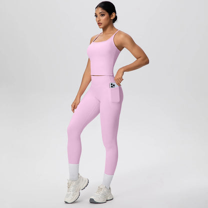 Damen Yoga-Set aus ärmellosem Top und Leggings, hellrosa, mit hellen Knieländern