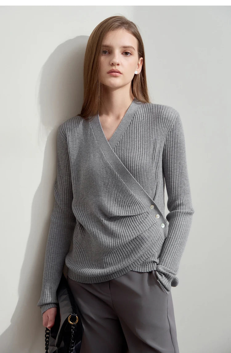 Damen V-Ausschnitt Pullover plissiert Muschelschnalle Wolle Herbst
