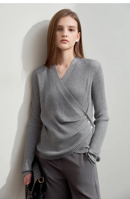 Damen V-Ausschnitt Pullover plissiert Muschelschnalle Wolle Herbst