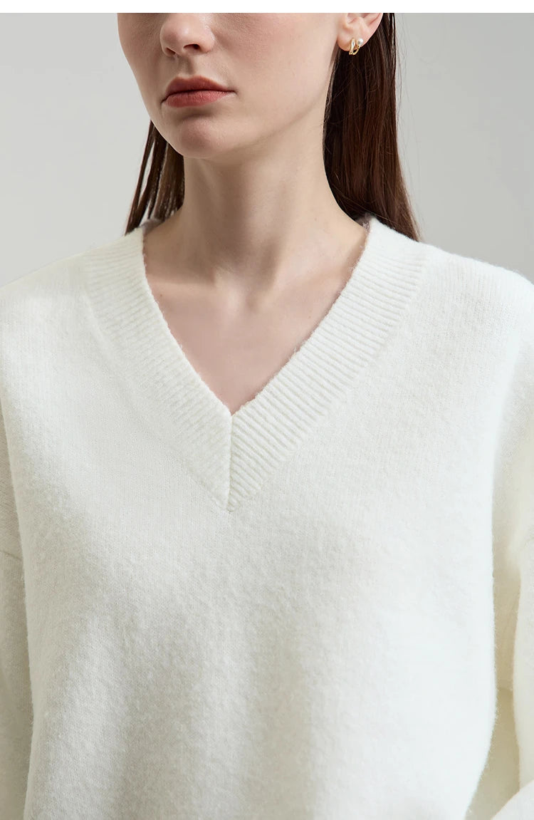 Damen V-Ausschnitt Pullover locker Raglan Wolle-Mix Herbst-Winter