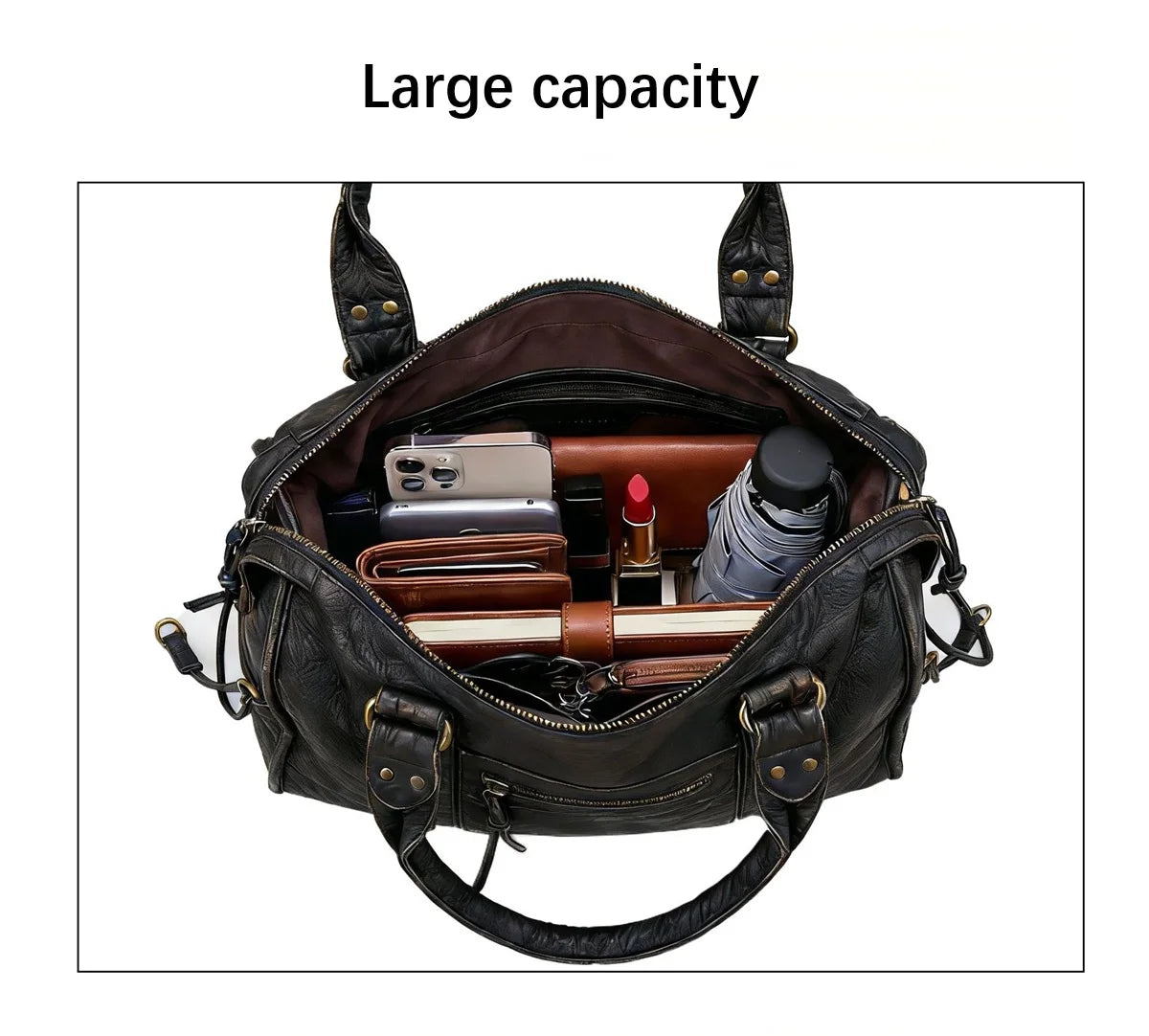 Damen-Handtasche aus PU-Leder Weinrot Großes Fassungsvermögen Schultertasche Boston-Stil