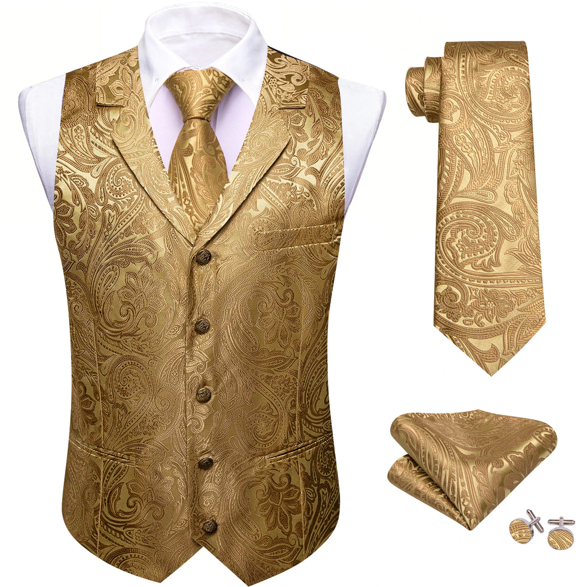 Jacquard-Herrenweste mit Paisley, gold/beige, V-Ausschnitt, Knöpfe, Einstecktuch
