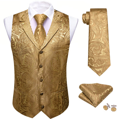 Jacquard-Herrenweste mit Paisley, gold/beige, V-Ausschnitt, Knöpfe, Einstecktuch