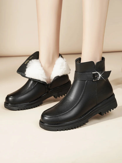 Damen Schneestiefel aus echtem Leder mit rutschfester Sohle und Wolle