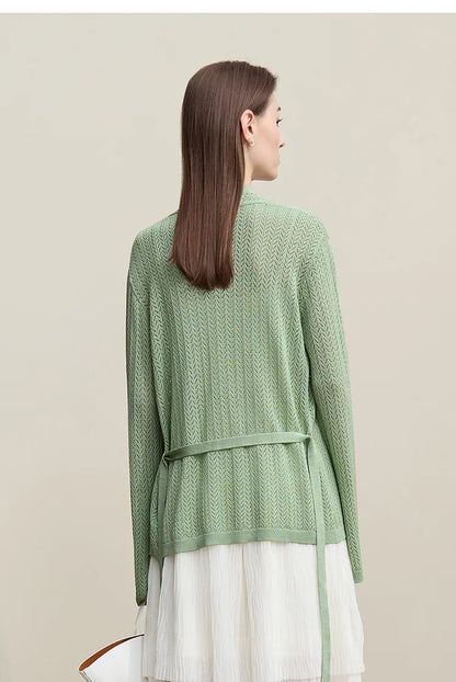 Damen-Strickjacke Lyocell V-Ausschnitt Glockenärmel Gürtel locker Frühling