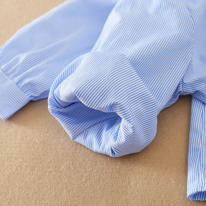 Mädchen-Langarmshirt, Kinder-Bluse mit Spitzenkragen, passend für Kinder im Alter von 5 bis 12 Jahren, 100 % Baumwolle, blau gestreifte Kleidung für Kinder