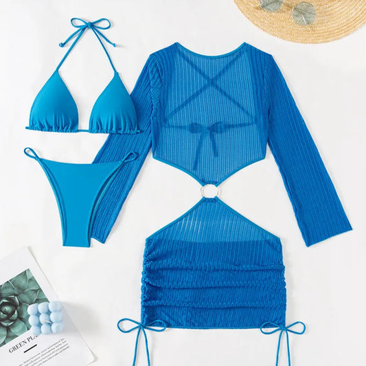 Dreiteiliger Damen-Bikini mit sexy Print und hoch tailliertem Design – ideal für Strand und Pool