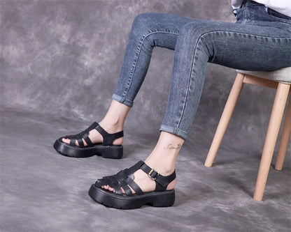 AIYUQI Sandalen Frauen Sommer 2025, Neue Echtes Leder Baotou Römischen Sandalen Damen Retro Hohl Gewebt Frauen Sandalen
