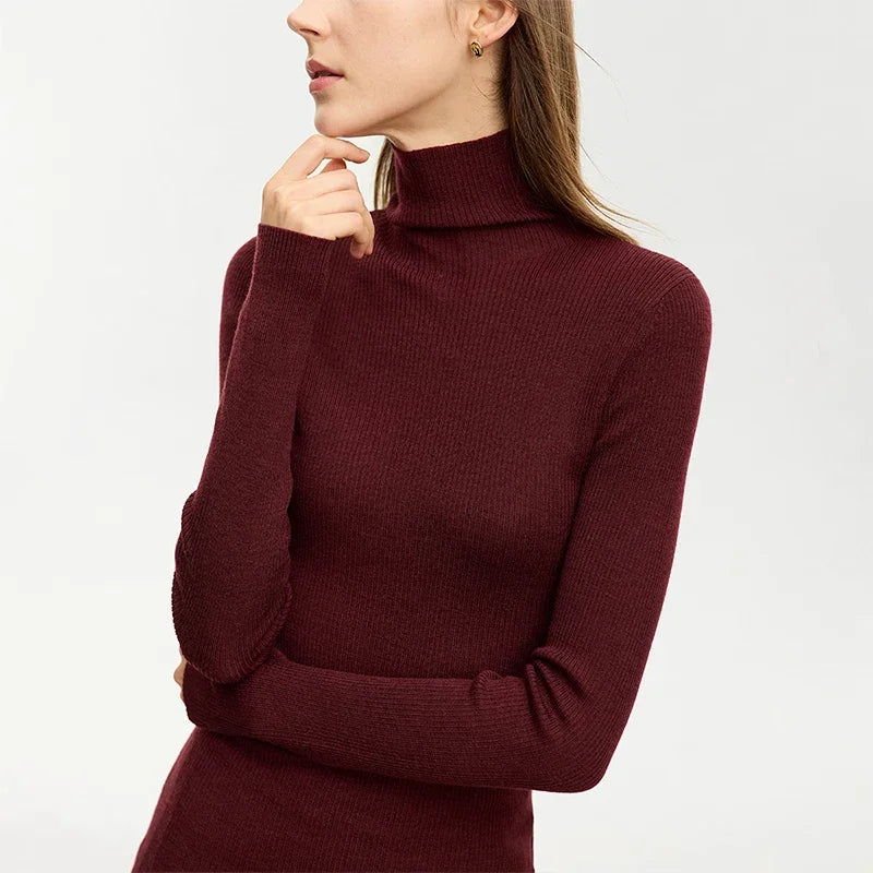 Damen-Rollkragenpullover 100 % Wolle Slim Fit elastisch Winter