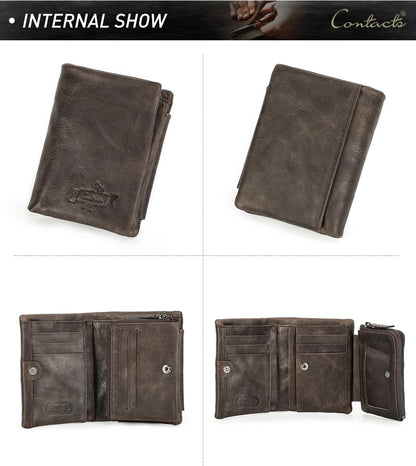 Herren Echtleder Geldbörse Vintage Trifold Haspe Reißverschluss Kartenhalter Geldclip