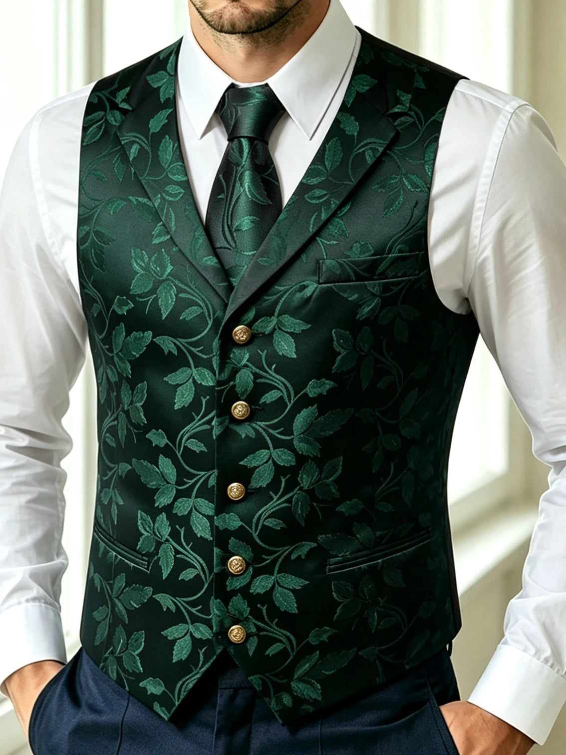 Herrenweste grün mit Blumen-Jacquard und goldenen Knöpfen, kombiniert mit Krawatte