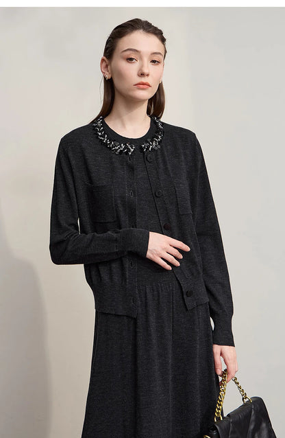 Damen-Strickjacke ärmellos lang Rundhals einfarbig elegant Herbst