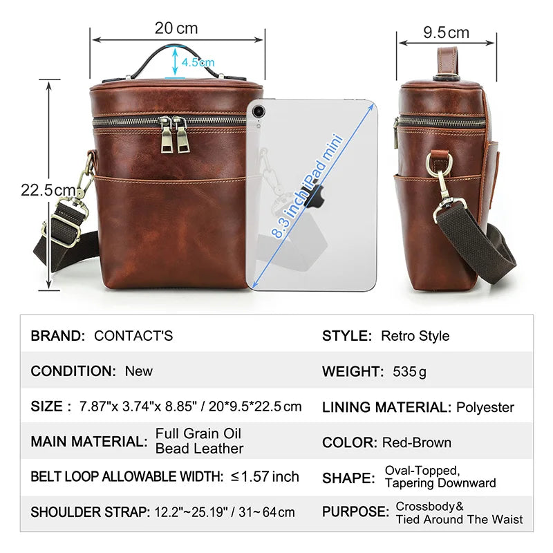 Braune Leder-Crossbodytasche, Maßeinzeichnung und Detail zu Reißverschluss und Verschluss-Schlaufe