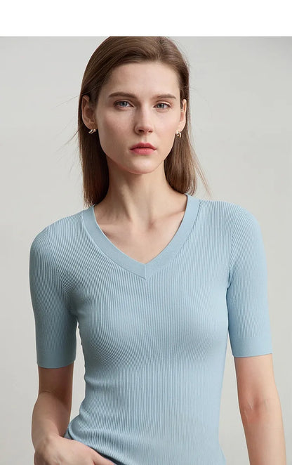 Damen V-Ausschnitt Pullover Viskose Halbarm Slim Büro Sommer