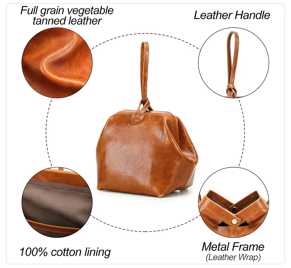 Kleine Handtasche aus Vollnarbenleder mit Lederhenkel, Metallrahmen und Baumwollfutter