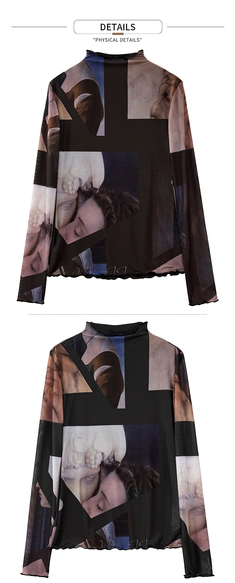 Damen Langarm-T-Shirt im Minimalismus-Stil mit trendigem Netzdruck