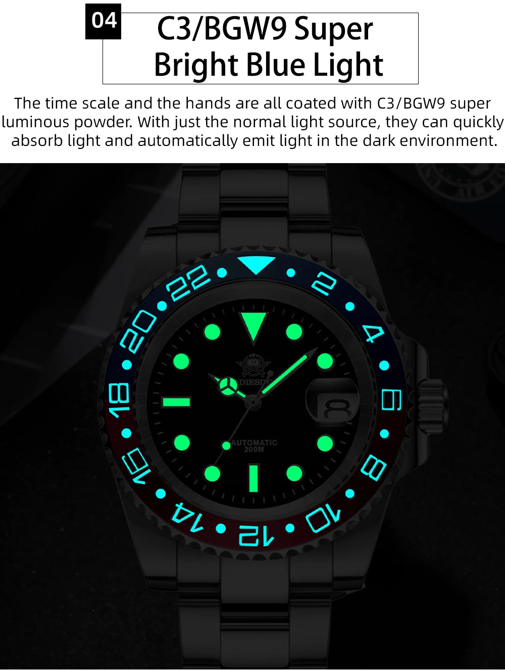 Herren Business-Automatikuhr 8215 Saphirglas 200m wasserdicht GMT Leuchtzeiger