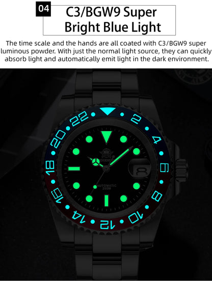 Herren Business-Automatikuhr 8215 Saphirglas 200m wasserdicht GMT Leuchtzeiger