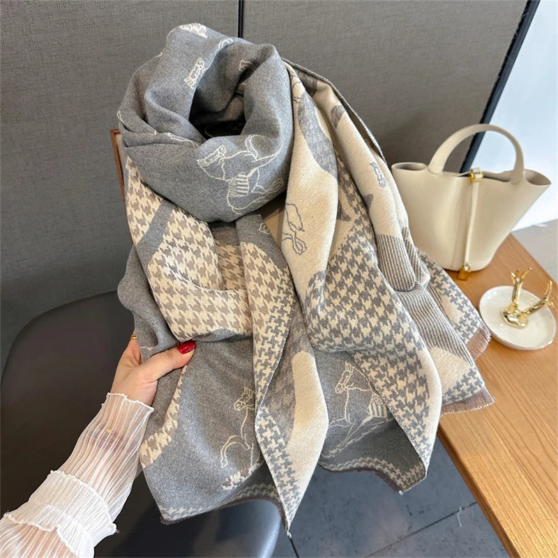 Damen Winterschal Kaschmir Pashmina Pferdprint warm dick Decke Luxus B