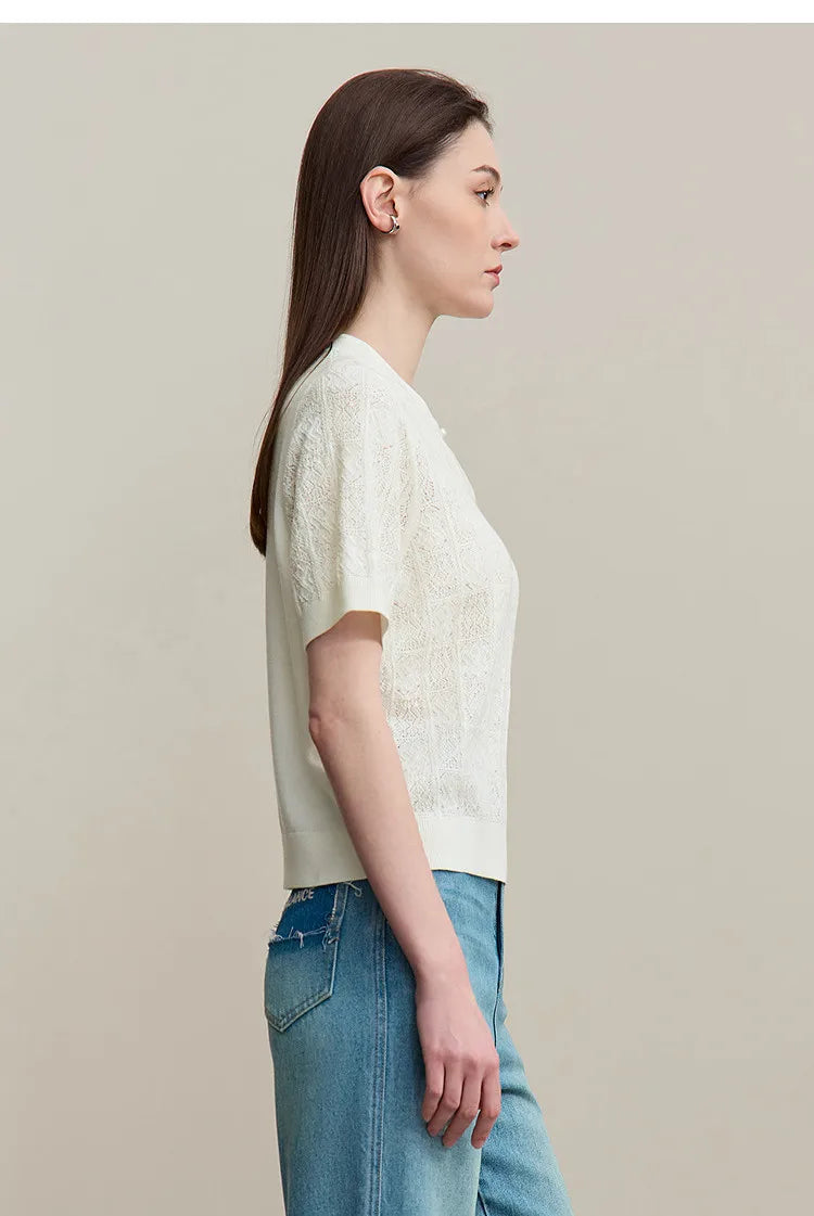Damenpullover mit Stehkragen, Kurzarm und Knopfleiste, off-white, Seitenansicht