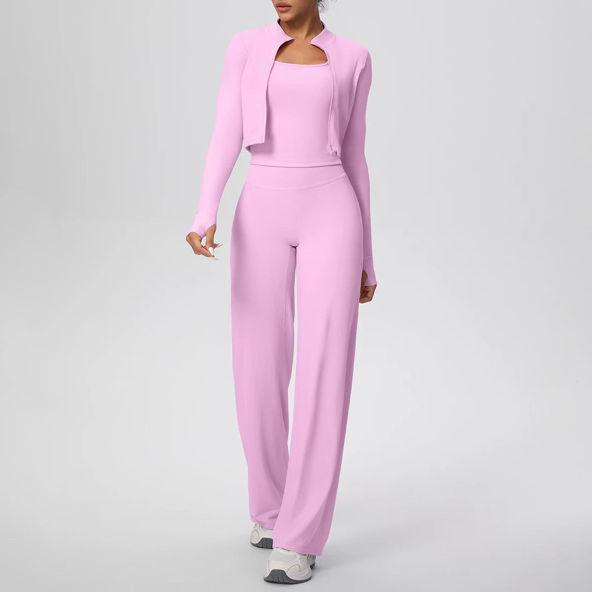 Sport-Set mit Brustpolster: fliederfarbene offene Jacke, Top und lange Hose