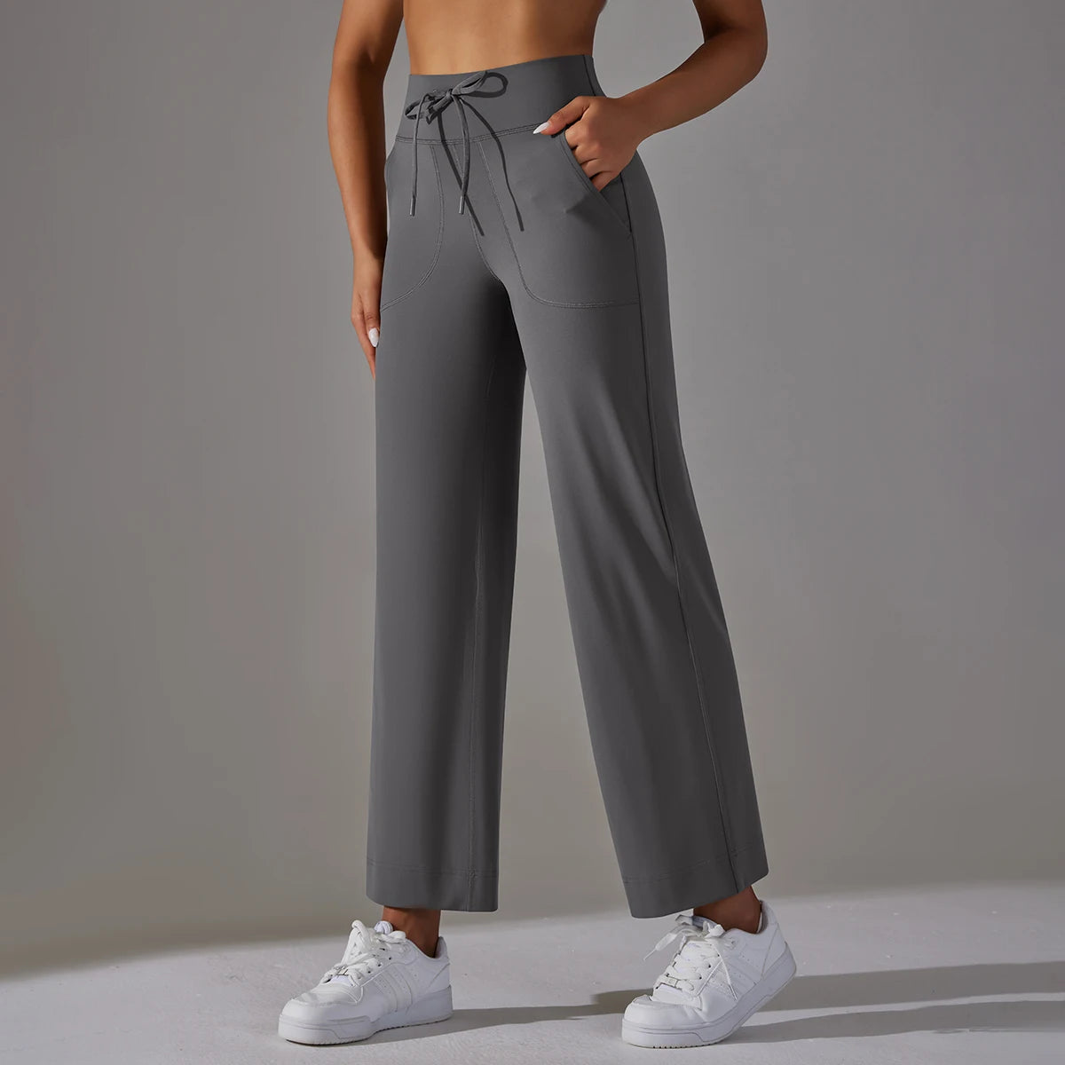 Damen-Leggings mit weitem Bein, hoher Taille, Taschen und Kordelzug, dunkelgrau