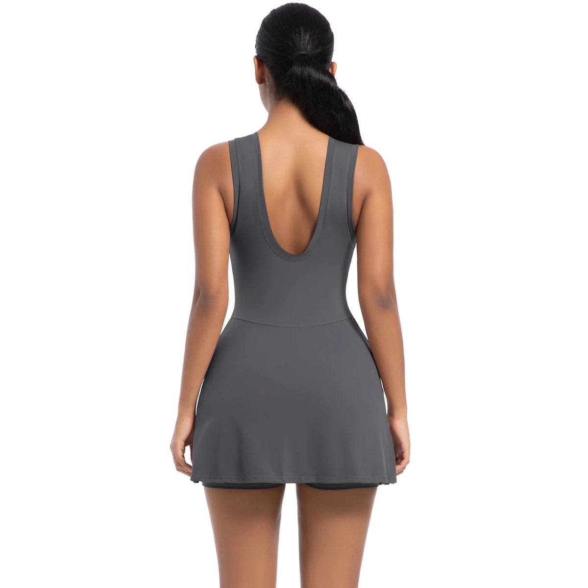 Silbergraues ärmelloses Sommerkleid, Rückansicht mit Racerback