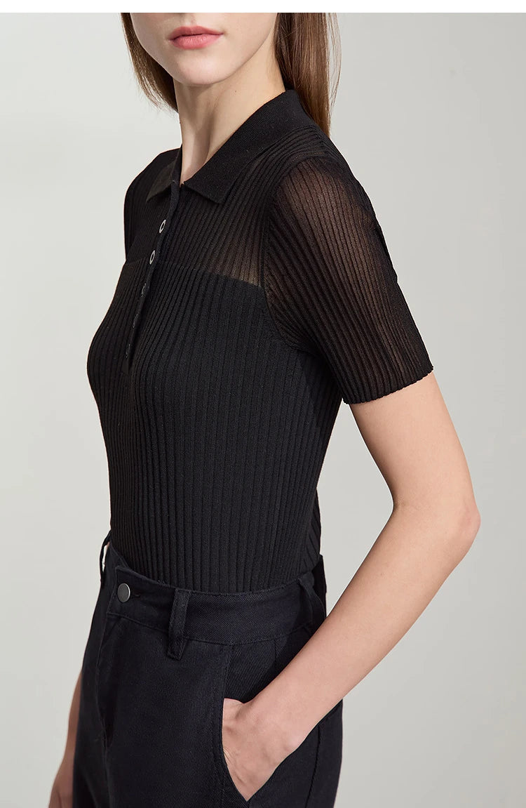 Damen Strickoberteil mit Revers und halber Knopfleiste für den Sommer