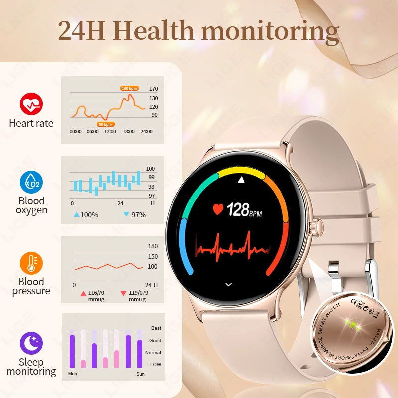 LIGE 2024 1,43" HD AMOLED Smart Watch DAMEN Herzfrequenz Blutsauerstoffmonitor Damen Gesundheit Smartwatch FÜR Xiaomi IOS Damen Geschenk