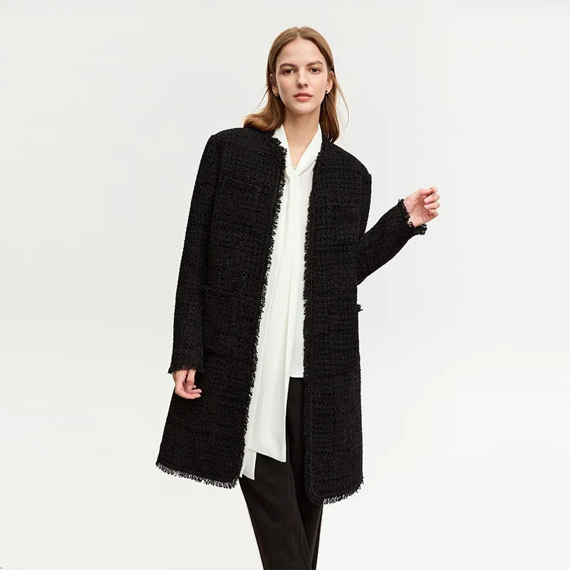 Damen Winter Mantel aus Tweed mit losem Schnitt und Rundhalsausschnitt