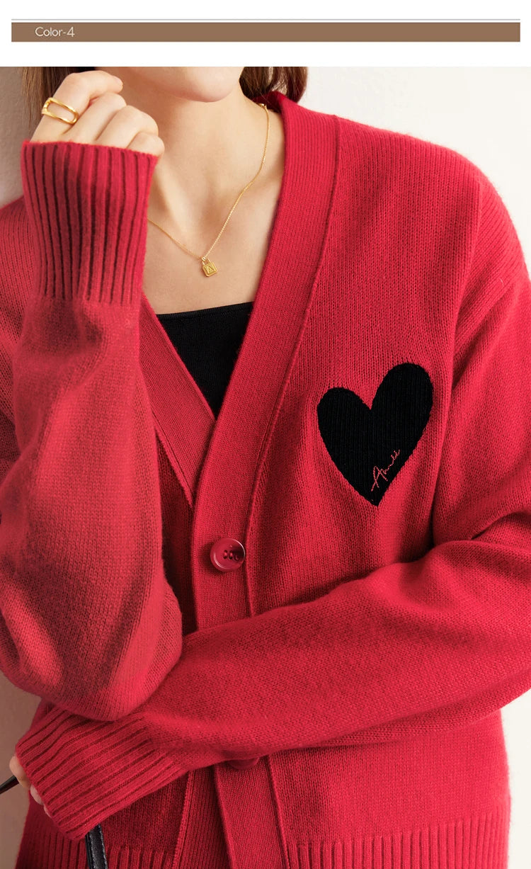 Damen-Strickjacke V-Ausschnitt Wollstickerei locker romantisch Winter