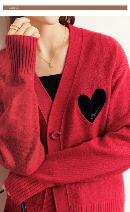 Damen-Strickjacke V-Ausschnitt Wollstickerei locker romantisch Winter