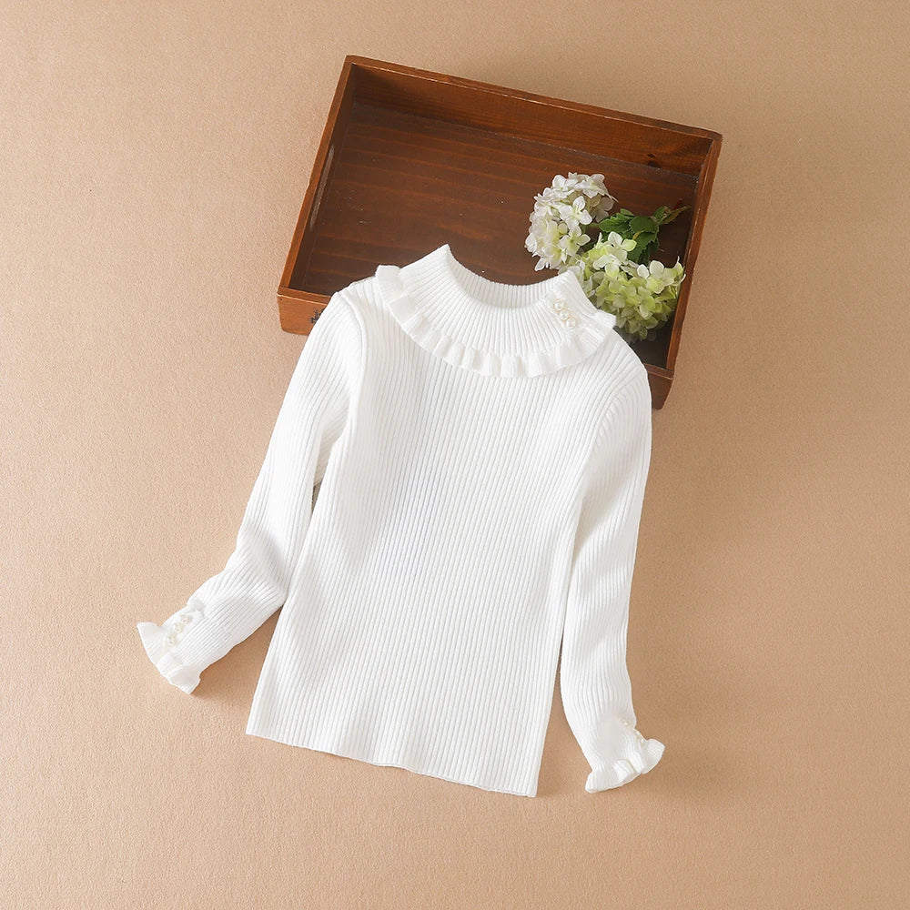 Mädchenpullover mit Rollkragen, weißer Rippstrick mit Rüschenkragen